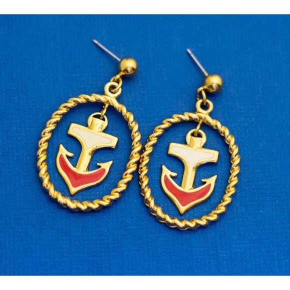 Vintage Dangle Gold Tone Anchor Twist Oval Dangle Earrings by Avon D10 - Picture 1 of 2